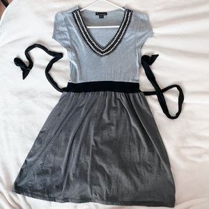 Vintage Forever 21 Dress Womens Y2K V Neck Tie Beaded Heather Gray Shirt Size M